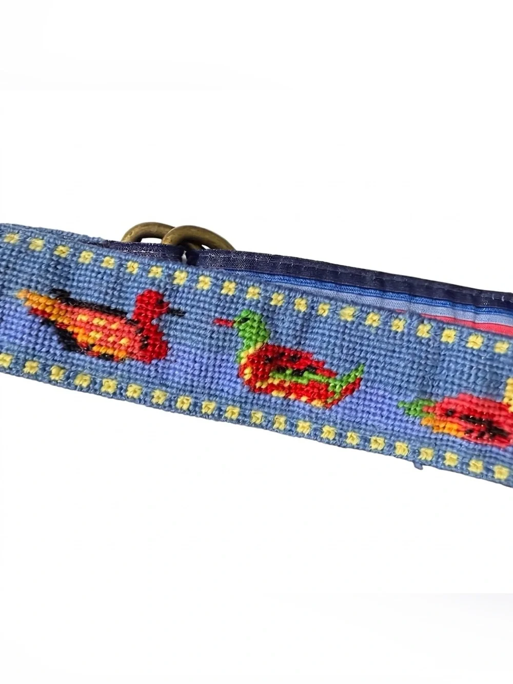 Vintage L.L. Bean Mallard Duck Needlepoint D-Ring Belt - Size XS/S